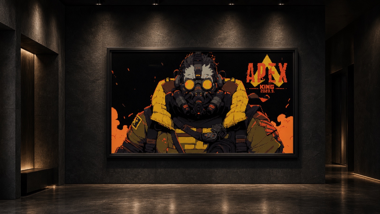 APEX pixel artwork framed in a black stone private gallery