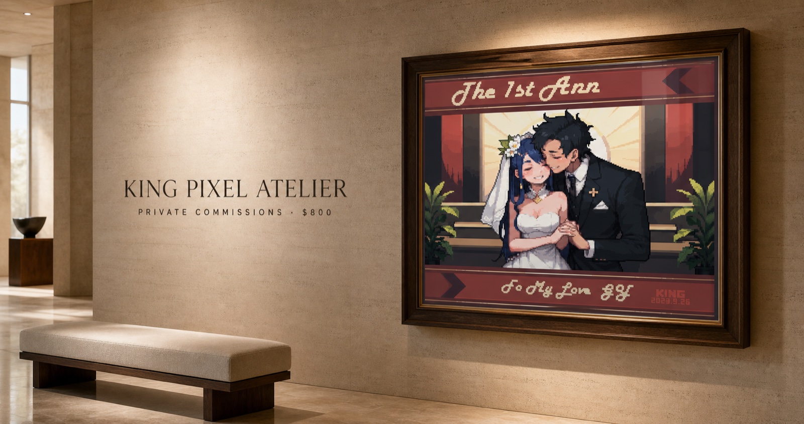 Private anniversary pixel portrait framed in a travertine gallery